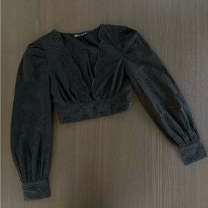 Black Eyelet Cropped V-Neck Top